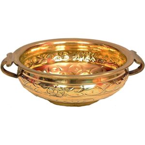 PARIJAT HANDICRAFT <b>16</b> Inch Embossed Brass Urli Designer Flower Pot for Home Decor Traditional Table Top Bowl Party Supplies - Product Image 3