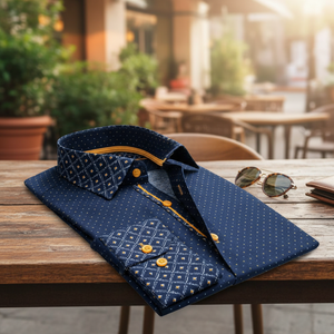 Camisa de Vestir para Hombre Milano Exclusive Navy, Talla Grande, Corte Especial, Ajustada, Estampada, de Diseñador, 100% Algodón Ecológico - Product Image 3