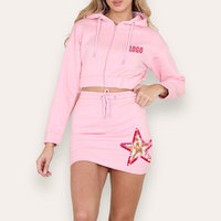OEM Personnalisé Sequin Cropped Hoodie Tops Moulante Mini Jupe Ensemble Rose Décontracté Femmes 2 Pièces Tenues Broderie Logo Survêtements