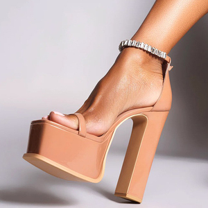 Sandalias de Plataforma Gruesa para Mujer, Punta Cuadrada Abierta, Tacón Alto y Grueso, con Diamantes, Negras, de Una Sola Tira, Colores Personalizados - Product Image 1