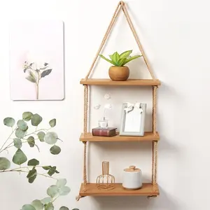 3 Tier Wood Hanging Shelf, Floating Wall Swing Storage Shelves, Jute Rope Organizer Rack