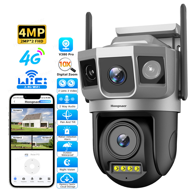 Hongnaer 4MP V380 Pro Smart 4G Sim Card IP CCTV WiFi Security Camera With 360 3 Screens Dual Lens for Outdoor Home and Farm