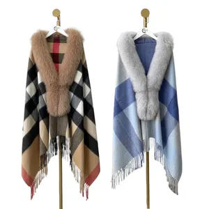 women fox fur shawl capes real fox fur collar with cashmere wool winter scarf