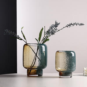 Jarrón de Mesa Art Deco Vintage, Boca Ancha, Patrón Verde Pavo Real, Vidrio de Colores Mezclados, Decoración para el Hogar, Jarrón de Mesa con Degradado - Product Image 1