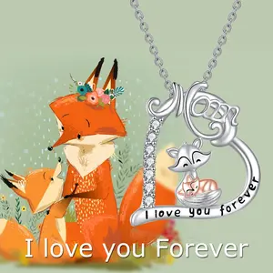 925 Sterling Silver White Rose Gold Plated Fox Animal Cute Cubic Zirconia Heart Necklace