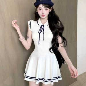Preppy-Style Lapel Collar, Cap Sleeves, Knitted Lace-Up Dress, Summer New Arrival, First-Love Look, Waist-Cinching Slimming - Product Image 6