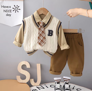 Ensemble de costume trois pièces décontracté <span class=keywords><strong>pour</strong></span> garçons, style coréen, rayé, en polyester/coton, automne/hiver, avec veste et gilet, option de logo personnalisé - Product Image 2