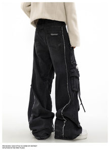 Pantalones Vaqueros de Mezclilla Negros <span class=keywords><strong>Cargo</strong></span> Rotos Estilo Y2K Desgastados Holgados de Pierna Ancha Recta con Ocho Múltiples Bolsillos para <span class=keywords><strong>Mujer</strong></span> - Product Image 3