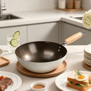 Wok profond multifonctionnel antiadhésif FLEY en gros avec poignée en bois naturel, compatible avec tous les types de cuisinières à gaz et à induction - Product Image 1
