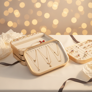 Vassoio Espositore <span class=keywords><strong>per</strong></span> Gioielli di Lusso Impilabile, Cornice in Metallo Oro Champagne, Organizzatore in Velluto Beige <span class=keywords><strong>per</strong></span> Collane, Anelli e Bracciali - Product Image 3