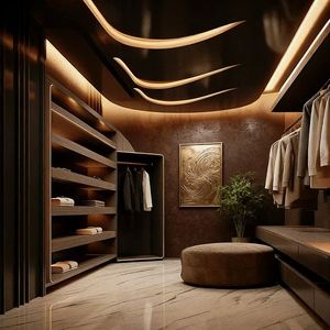Armario Vestidor Moderno de Lujo Balom con Puertas de Vidrio Curvo, Acabado en Madera Oscura, con Iluminación LED, Diseño Personalizado - Product Image 5