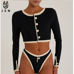 Traje <span class=keywords><strong>de</strong></span> <span class=keywords><strong>Baño</strong></span> JSN 2026 <span class=keywords><strong>de</strong></span> Lujo en Blanco y Negro, Nuevo, <span class=keywords><strong>de</strong></span> <span class=keywords><strong>Manga</strong></span> <span class=keywords><strong>Larga</strong></span> para <span class=keywords><strong>Mujer</strong></span>, con Botones, Cintura Alta, Dos Piezas, Cuello Redondo, Sexy - Product Image 1