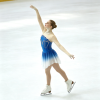 Robe de patinage et de danse dégradé bleu roi pour enfants et adultes, avec manches longues en maille nude et découpes ornées de strass dorés, pour concours et spectacles de patinage artistique