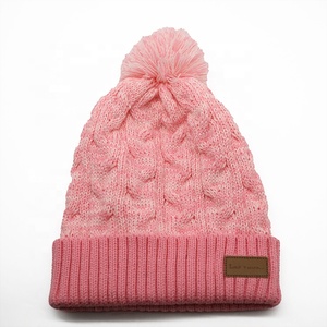 Cable Knit Pompom Beanie <strong>Fleece</strong> <strong>Lined</strong> Soft Acrylic Knitted <strong>Hat</strong> Warm Winter Cap for Outdoor Skiing Custom Leather Patch Thick Cap - Product Image 5