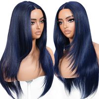 Wig Sintetis Tahan Panas dengan Lace Front Transparan 13*4, Model Lurus Panjang Warna Biru Tua untuk Wanita