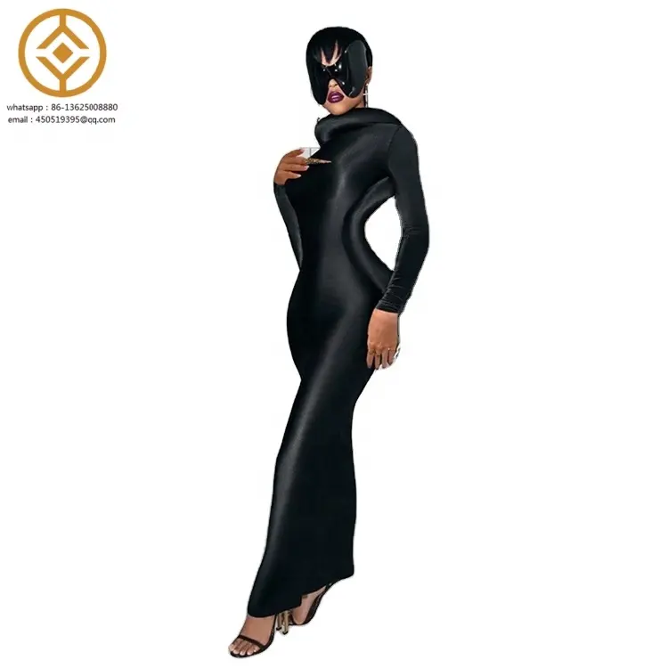 Kadın moda uzun kollu Bodycon Streetwear Backless siyah uzun elbise 2024 bahar sonbahar elbise