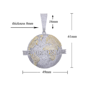 Ciondolo Hip Hop Bicolore Argento e Oro con Zirconi a Forma di Mappa del Mondo 'The World Is Mine' con Catena in Ottone - Product Image 6