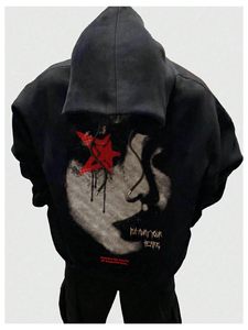 Sweat-shirt à capuche pour homme, automne, broderie graphique, style hip-hop, surdimensionné, polyester/coton, manches longues, noir - Product Image 3