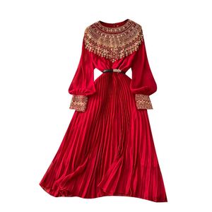 Vestido Midi Plisado Casual Transpirable de Tela Sostenible Primavera 2025 para Mujer, Estilo Túnica Romana con Corte Imperio, Patchwork, Lentejuelas y Encaje, Línea A - Product Image 5