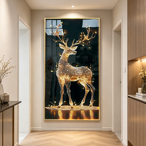 Factory Custom Golden Deer Acrylic Wall Art With Backlight Gold Frame Rectangle Home Decoration LED <b>Crystal</b> Porcelain Painting - Product Image 4