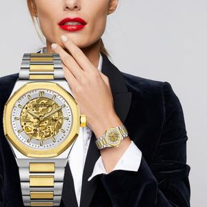 Montre squelette mécanique personnalisée OEM pour femme, en acier inoxydable, étanche, dorée, lumineuse, mouvement automatique japonais, pour homme et femme - Product Image 1