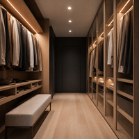 Système de dressing autoportant sur mesure avec armoire en bois clair, porte vitrée, éclairage LED et tringle de suspension pour chambre, dressing ou salle de sport