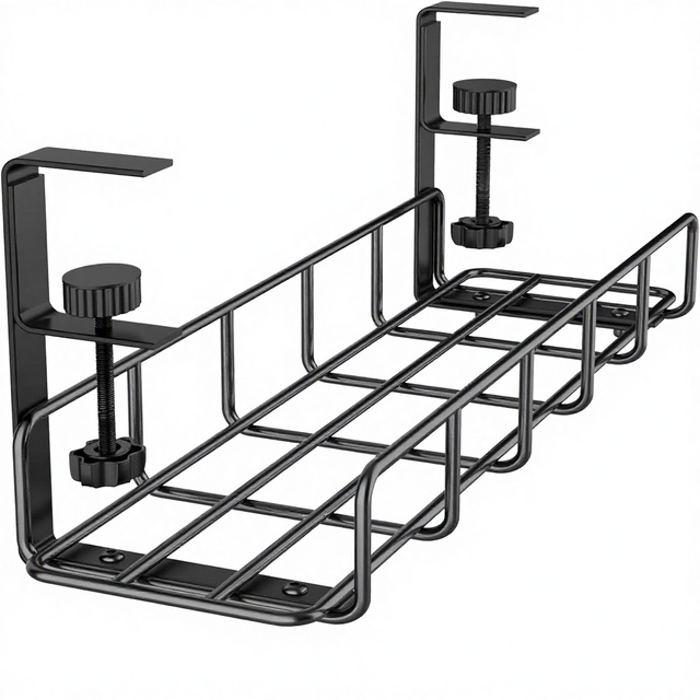 Under Desk Alloy Steel Cable Management Tray-No Drill Installation Clamp Mount Organizer (Black 1 Pack)