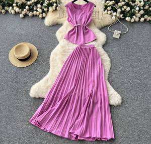 Ensemble Jupe Slim et Haut Tunique Bandeau Col Rond Sans Manches <span class=keywords><strong>Taille</strong></span> Haute Décontracté Couleur Unie Été Vente en Gros Large <span class=keywords><strong>Grande</strong></span> <span class=keywords><strong>Taille</strong></span> pour Femmes - Product Image 1
