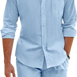 Conjunto de 2 Piezas para Hombre, Verano 2025, 100% Algodón, Transpirable, Tejido, Camisa de Manga Larga con Botones + Pantalones Cortos, Ropa Casual de Playa - Product Image 6