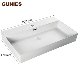 Lavabo Rettangolare Moderno in Ceramica Bianca Gunies, da Appoggio, con Foro Singolo, Ecologico, per Bagno - Product Image 3