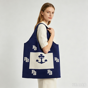 Blue Knit <b>Tote</b> <b>Bag</b> <b>Large</b> Capacity Shoulder Handbag Anchor Letter Pattern <b>for</b> Daily Shopping <b>Travel</b> - Product Image 1