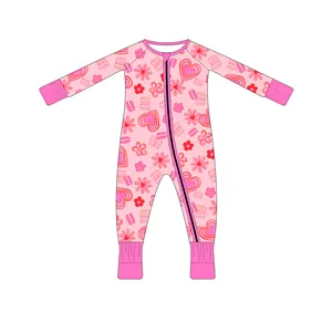 Custom OEM 95% bamboo 5% spandex zipper long cuff zip jumpsuit infant bamboo love printed