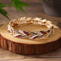 Gelang Daun Enamel Vintage untuk Wanita Warna Emas, Gelang Statement Floral Vintage yang Dapat Disesuaikan, Perhiasan Alam Botani