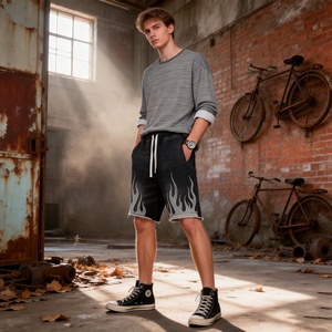 Shorts en jean pour hommes, coupe droite, délavage vintage, imprimé intégral, strass, style streetwear, été, décontracté, vente en gros sur mesure - Product Image 3