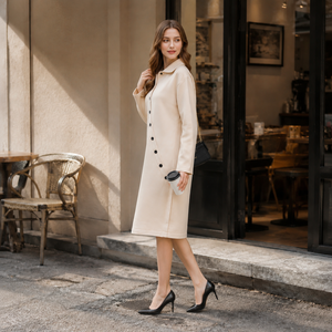 Nuevo Vestido de Punto Midi con Cuello Alto y Manga Larga, Color Albaricoque, Suave y Transpirable, Cintura Alta, Estilo Casual, Grosor Estándar - Product Image 4