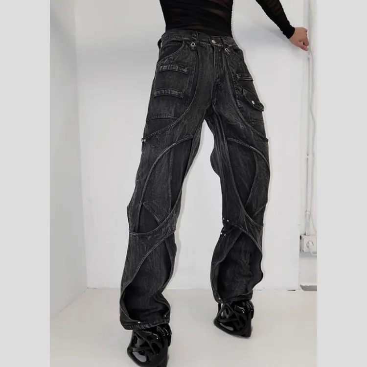 DiZNEW Men's double patchwork pants washed denim jeans custom cargo pants for men