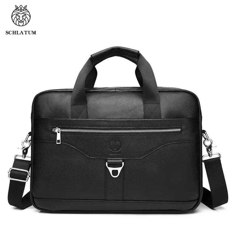 SCHLATUM Wholesale 2022 New Designer 15.6 Inch High Quality Black Genuine Leather Attache Cases Office Shoulder Laptop Bags