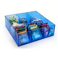 Boîte de rangement carrée en acrylique bleu translucide sur mesure avec couvercle, 9 compartiments, pour sachets de thé, collations et dosettes de café