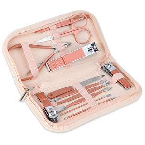 Ensemble portable de coupe-ongles et d'outils de beauté, ensemble de manucure rose gold, 12 en 1. Acier inoxydable martensitique, sac en cuir rose - Product Image 1