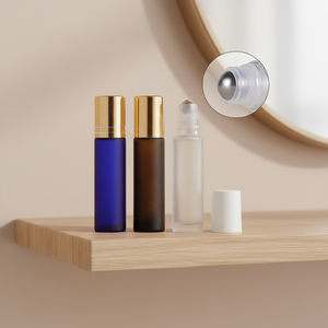 Flacons roll-on en verre givré bleu ambre 10 ml, cylindriques, pour soins personnels, conteneur d'huile essentielle avec bouchon à bille en acier - Product Image 3
