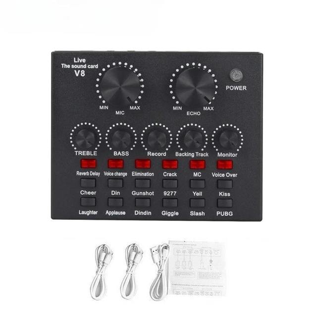 V8 Professional USB Live Recording Sound Card for 5.2 12 Sound Effects 12-Hour Battery Life for Multi-Mode DSP Audio