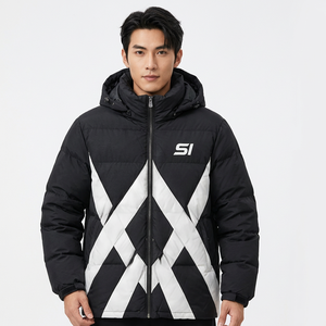 Chaqueta de Invierno Acolchada para Hombre con Capucha, Diseño Geométrico en Blanco y Negro, Resistente al Viento, Cuello Alto, Cierre de Cremallera, Estilo Deportivo - Product Image 5