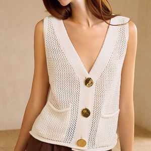 <span class=keywords><strong>Chaleco</strong></span> de punto <span class=keywords><strong>calado</strong></span> con cuello en V para <span class=keywords><strong>mujer</strong></span>, top corto sin mangas con botones metálicos y detalles de bolsillos para primavera-verano - Product Image 3