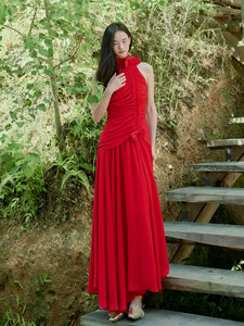 Robe longue élégante de cérémonie de dîner de célébrité, style vintage d'automne, antistatique, rouge, avec nœud, plissée, design de manches, taille haute - Product Image 4