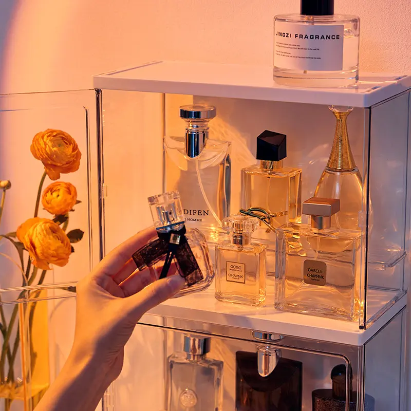 Boîte de rangement de parfum étagère de bureau vitrine cosmétiques anti-poussière boîte organisateur cosmétique avec couvercle