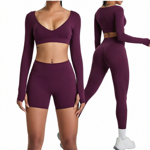 Women Yoga Set Long Sleeve V-Neck Crop Scrunch Back Shorts Activewear - Product Image 1