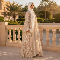 Abaya ouverte personnalisée de luxe avec broderie florale 3D, robe maxi à sequins et perles couleur champagne, pour mariage, occasion Eid, ensemble 2 pièces pour femmes musulmanes
