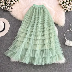 2024 Spring womens multi layer tulle pleated ladies sweet long skirt women net mesh yarn cake skirts