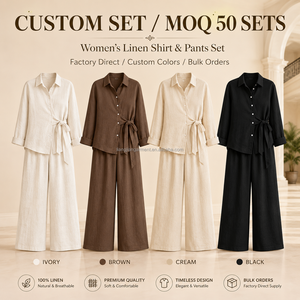 Set Due Pezzi in Misto <span class=keywords><strong>Lino</strong></span> Personalizzato: Camicia Avvolgente a Maniche Lunghe e <span class=keywords><strong>Pantaloni</strong></span> a Vita Alta a Gamba Larga, Elegante Set Casual in <span class=keywords><strong>Lino</strong></span> 100% per <span class=keywords><strong>Donna</strong></span> - Product Image 3