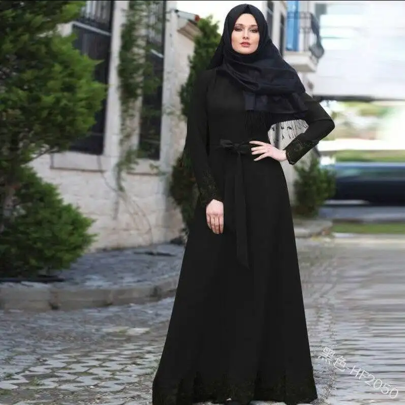 Neue elegante und modische Robe Slim Langarm kleid Schwarze muslimische Robe Abaya Frauen Langes Kleid Muslim